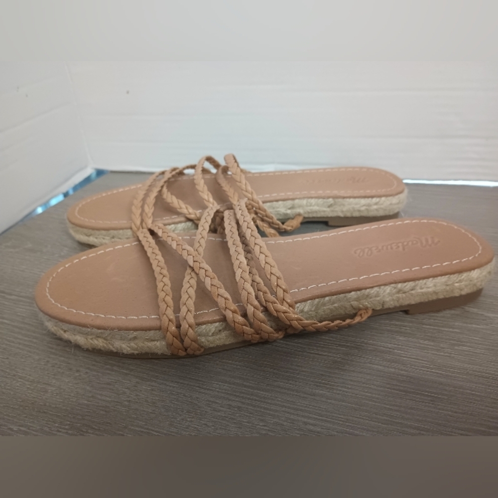 Madewell The Kathryn Espadrille Sandals 7.5 Flat Slide Tan Braided Leather Strap - Picture 2 of 9